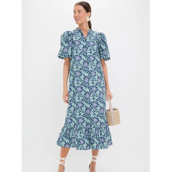 Hyacinth House Multi Blue Leafy Floral Mimi Midi Dress XXL Cottagecore Boho Flaw - Picture 1 of 16